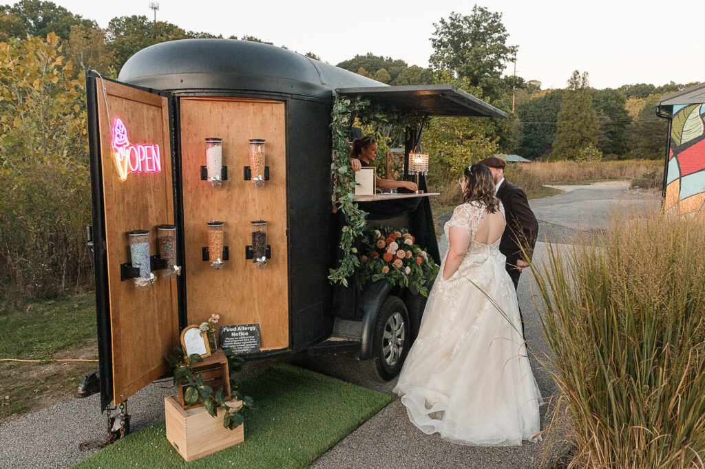 Mobile bar serving guests during cocktail hour outside Himelright Lodge in Akron, Ohio
