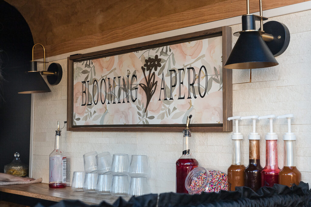 Detail of the Blooming Apero mobile bar setup during a Himelright Lodge wedding in Cascade Valley Metro Park